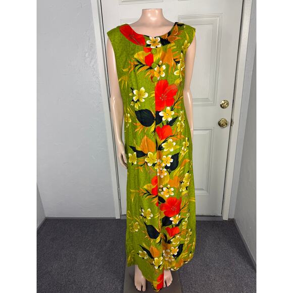 Vintage 70s Sears Fashion Women's Dress Floral Cotton Party Hawaiian Maxi Z6 - Picture 1 of 8